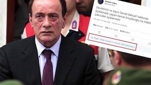 Twitter, Çakıcı'nın Kılıçdaroğlu'na tehdid mesajını sildi