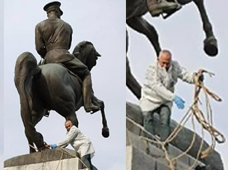 Samsun'da ilginç girişim: Atatürk heykeline halat bağlayıp devirmeye çalıştılar